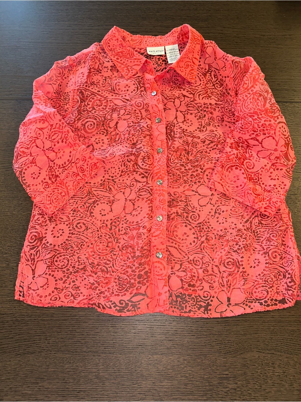 White Stag Women Sheer Pink Coral Lace Button-Up Top 3/4 Sleeve Size 16W